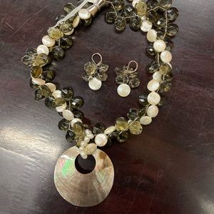 Pearl Crystal & Abalone Necklace + Earrings